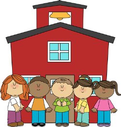 multicultural kids in front of red schoolhouse
